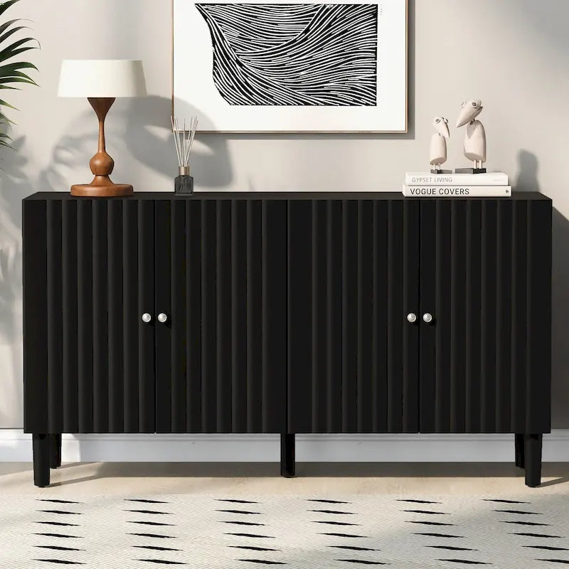 Bahut à Quatre Portes Élégant avec Portes à Motif Ondulé, Pieds Cylindriques et Poignées Métalliques Épurées, Réglable, pour Salon