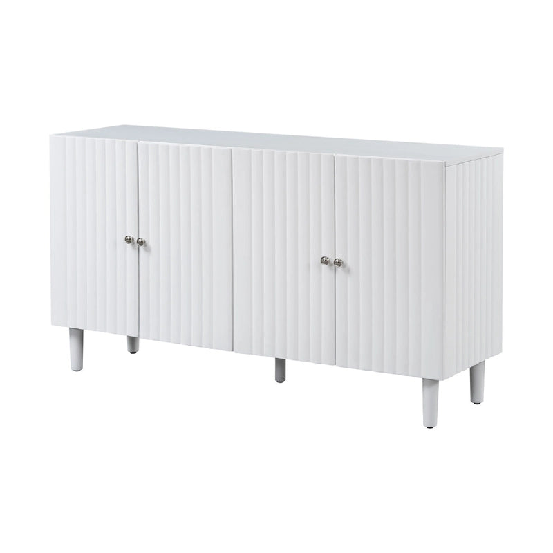 Bahut à Quatre Portes Élégant avec Portes à Motif Ondulé, Pieds Cylindriques et Poignées Métalliques Épurées, Réglable, pour Salon