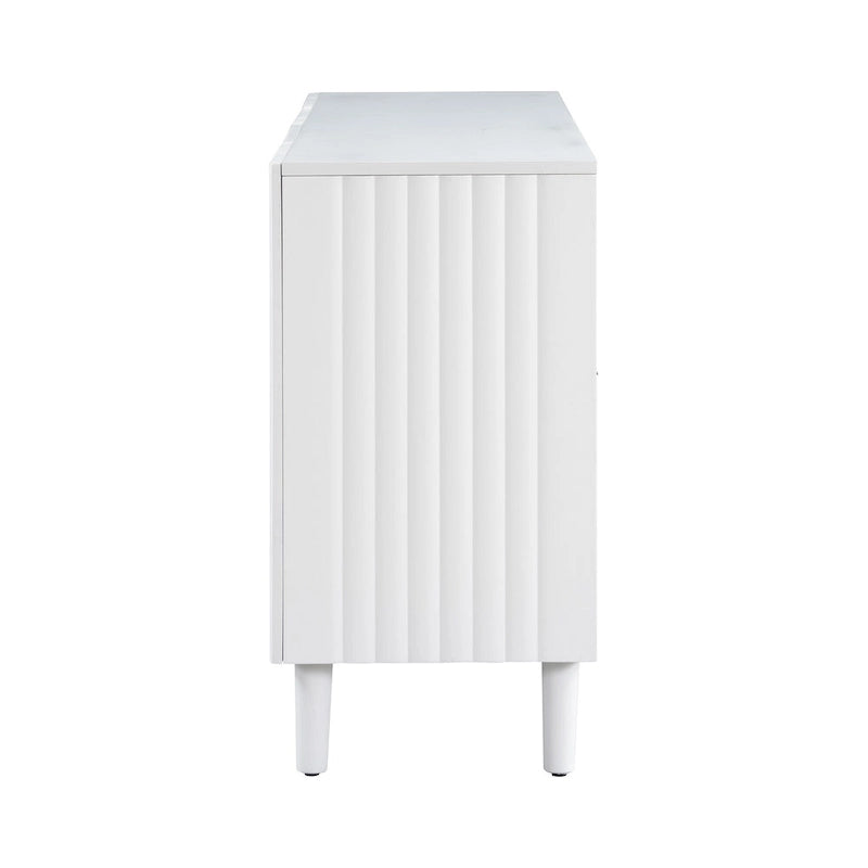 Bahut à Quatre Portes Élégant avec Portes à Motif Ondulé, Pieds Cylindriques et Poignées Métalliques Épurées, Réglable, pour Salon