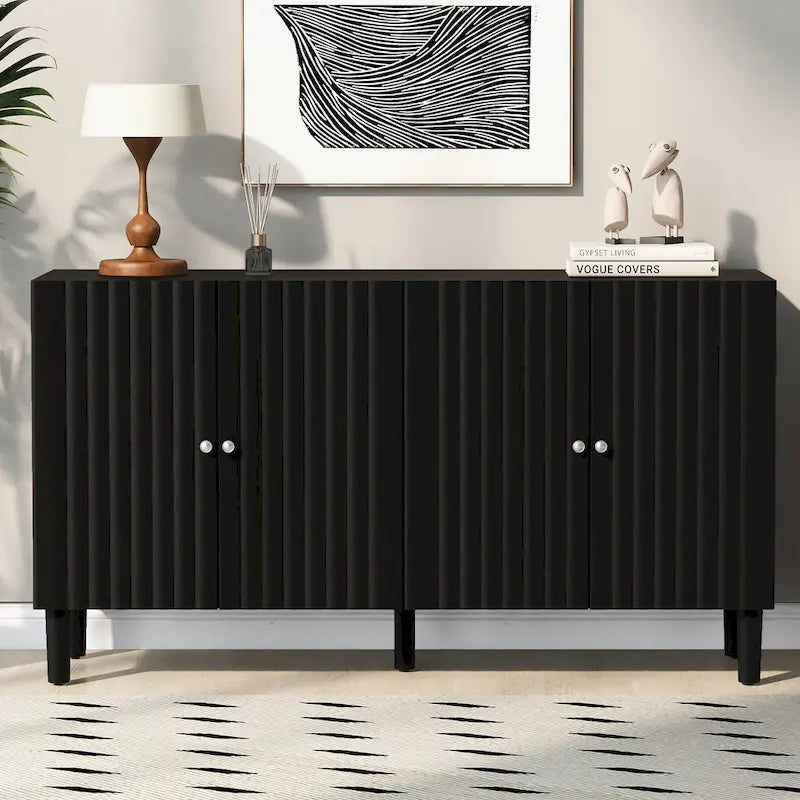 Bahut à Quatre Portes Élégant avec Portes à Motif Ondulé, Pieds Cylindriques et Poignées Métalliques Épurées, Réglable, pour Salon