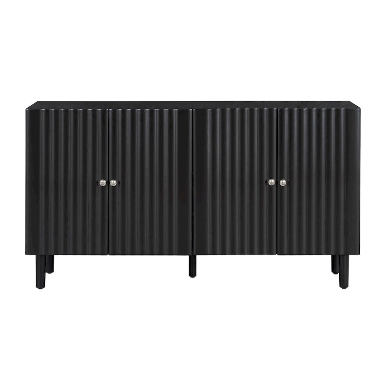 Bahut à Quatre Portes Élégant avec Portes à Motif Ondulé, Pieds Cylindriques et Poignées Métalliques Épurées, Réglable, pour Salon
