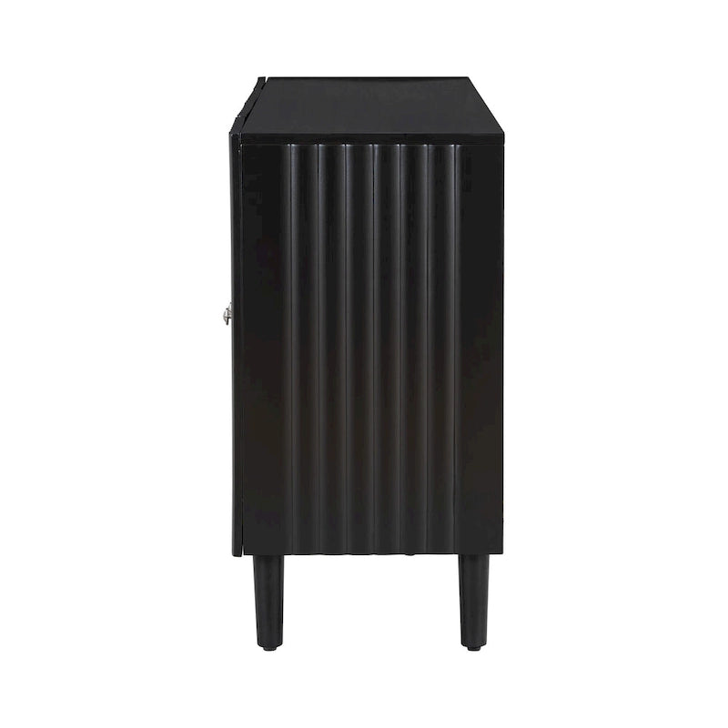 Bahut à Quatre Portes Élégant avec Portes à Motif Ondulé, Pieds Cylindriques et Poignées Métalliques Épurées, Réglable, pour Salon