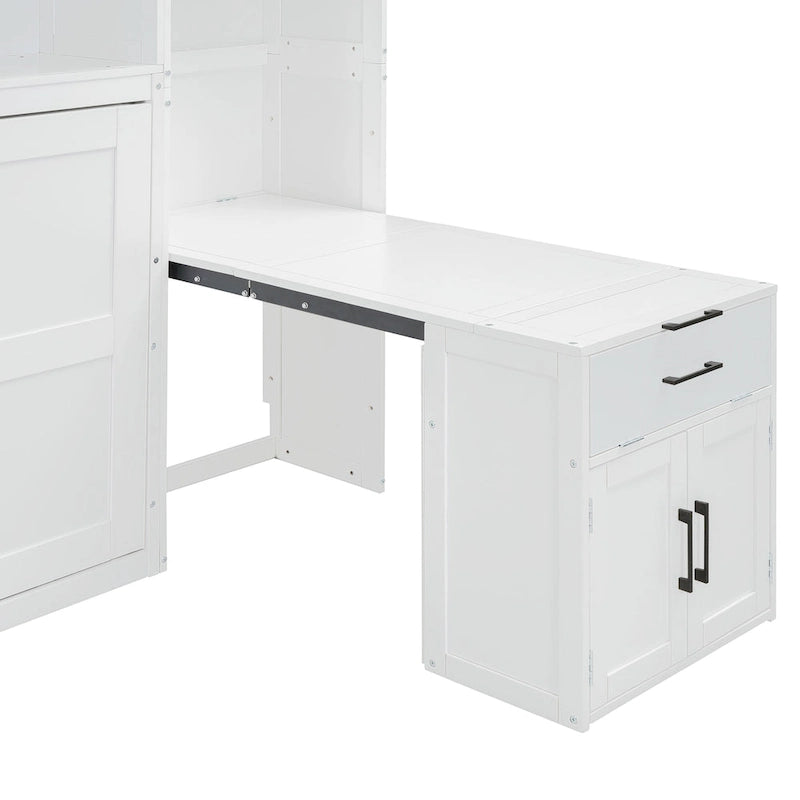 Lit escamotable mural simple avec placard, tiroirs et bureau