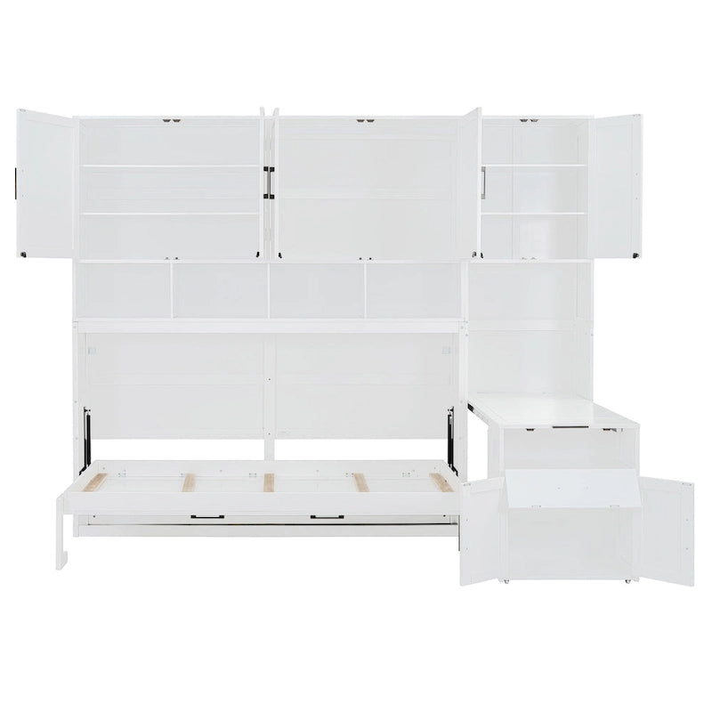 Lit escamotable mural simple avec placard, tiroirs et bureau