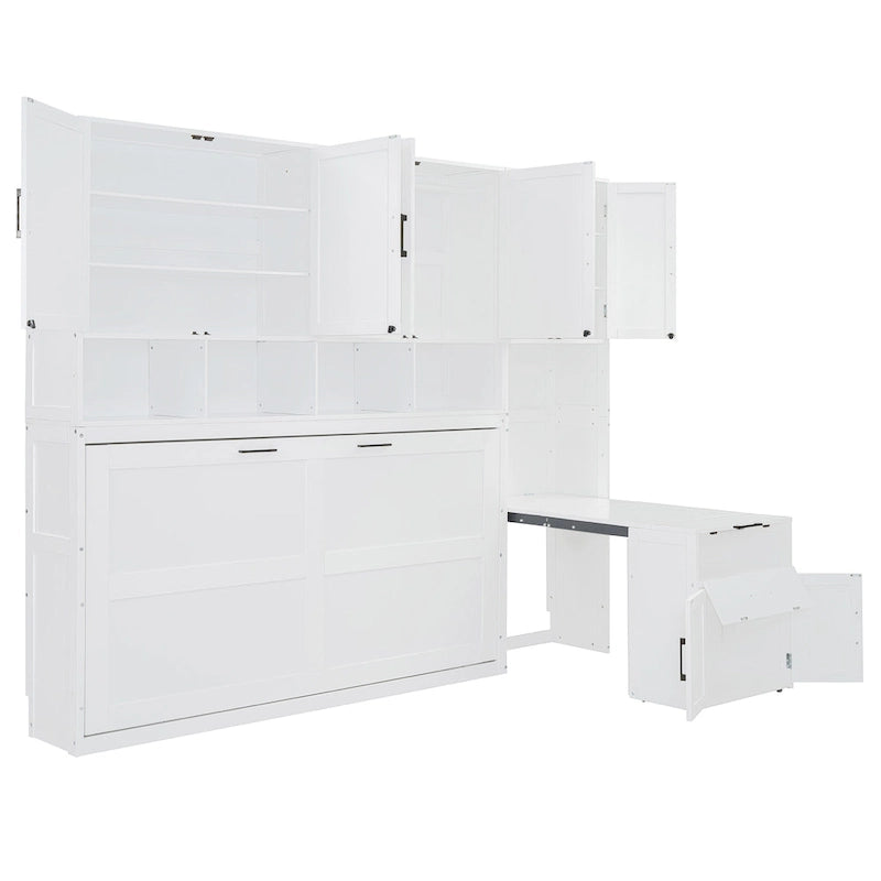 Lit escamotable mural simple avec placard, tiroirs et bureau