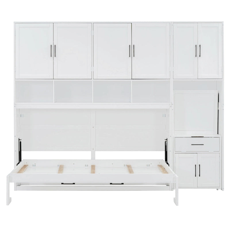 Lit escamotable mural simple avec placard, tiroirs et bureau