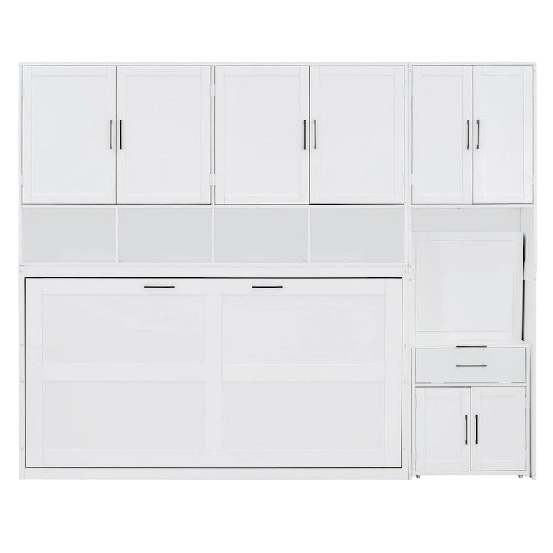 Lit escamotable mural simple avec placard, tiroirs et bureau