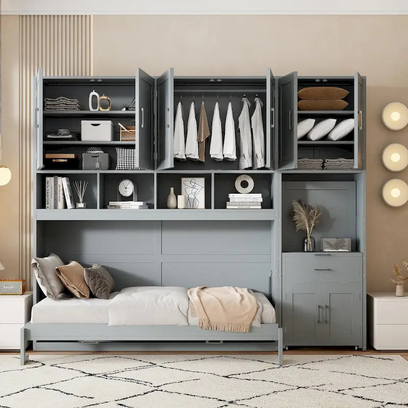 Lit escamotable mural simple avec placard, tiroirs et bureau