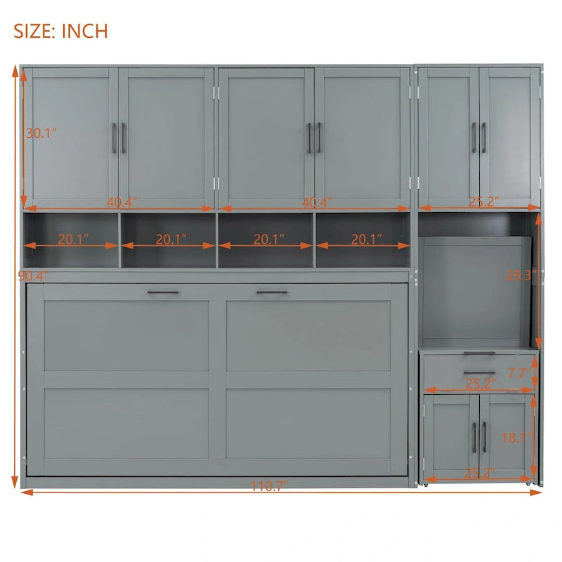Lit escamotable mural simple avec placard, tiroirs et bureau