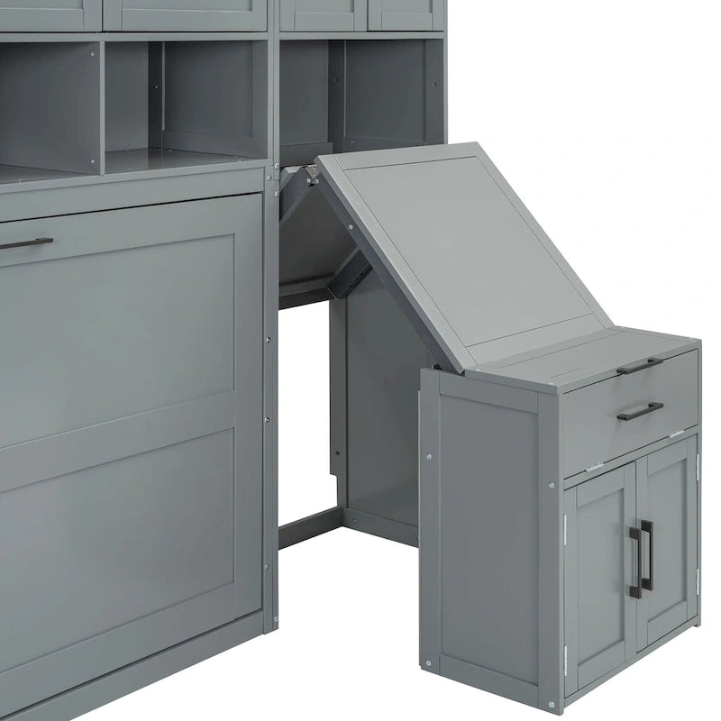 Lit escamotable mural simple avec placard, tiroirs et bureau