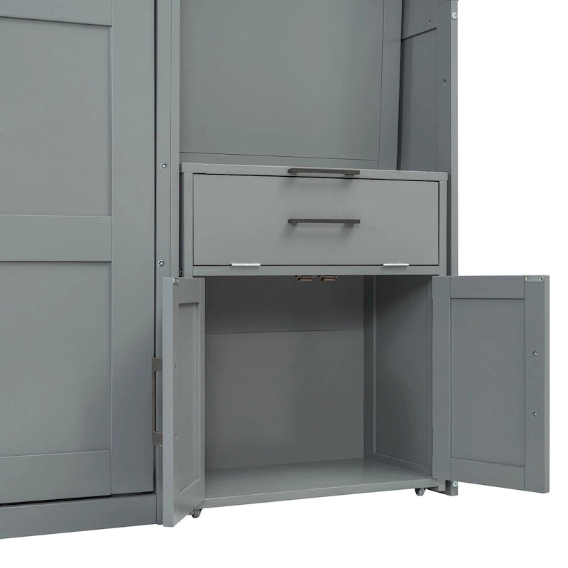 Lit escamotable mural simple avec placard, tiroirs et bureau