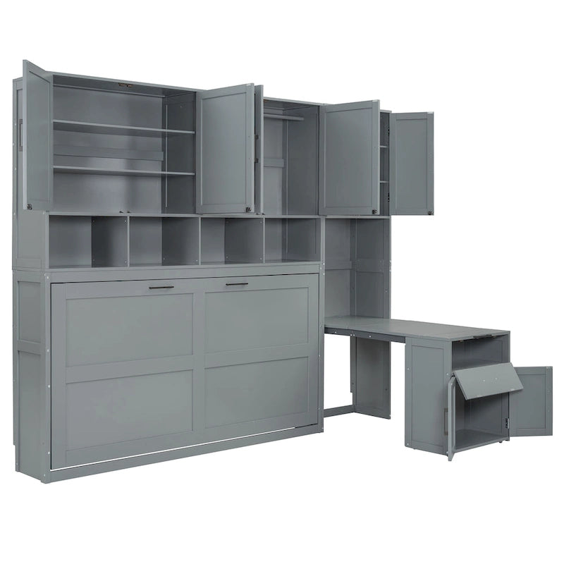 Lit escamotable mural simple avec placard, tiroirs et bureau