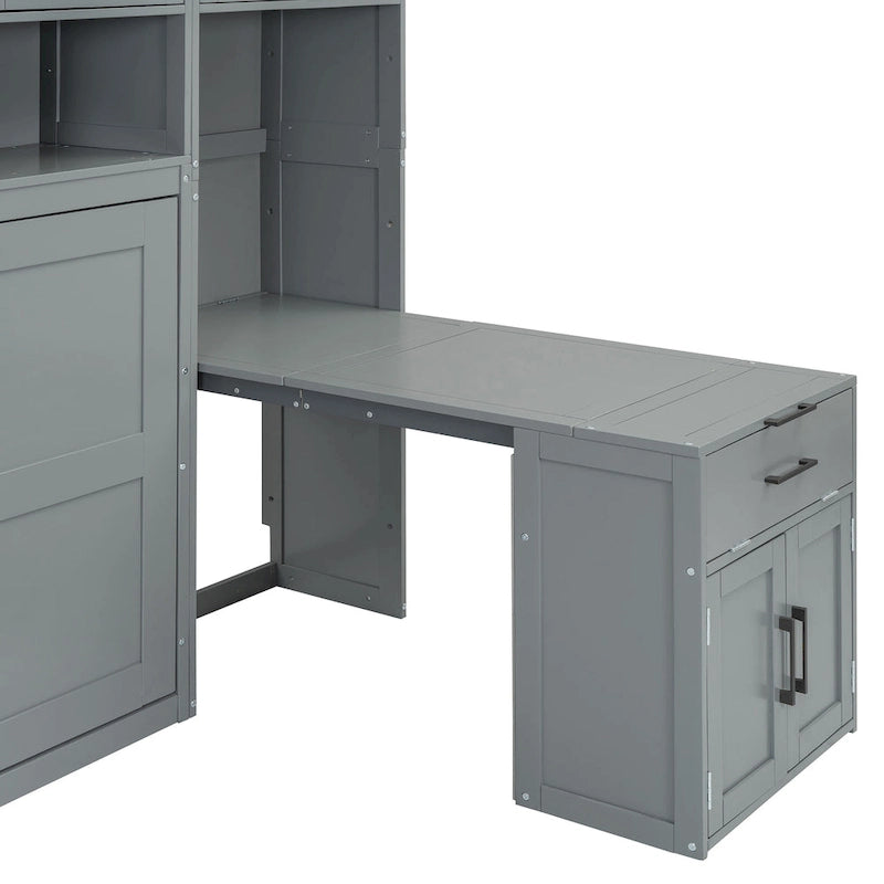 Lit escamotable mural simple avec placard, tiroirs et bureau
