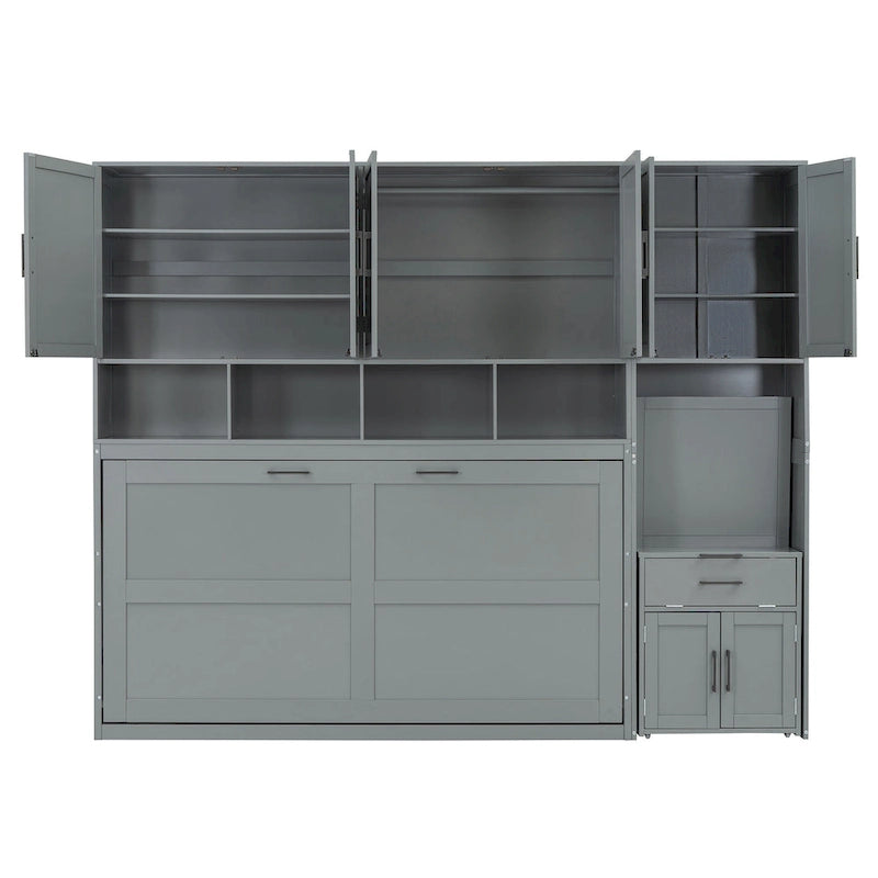 Lit escamotable mural simple avec placard, tiroirs et bureau