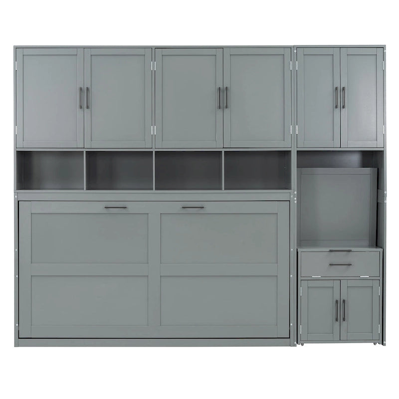 Lit escamotable mural simple avec placard, tiroirs et bureau