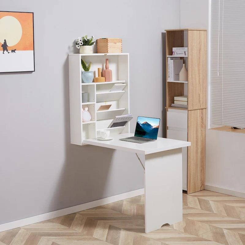 Bureau mural pliable moderne avec étagères réglables et grand espace de rangement pour petits espaces et bureaux à domicile