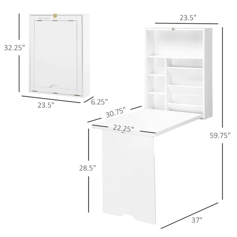 Bureau mural pliable moderne avec étagères réglables et grand espace de rangement pour petits espaces et bureaux à domicile