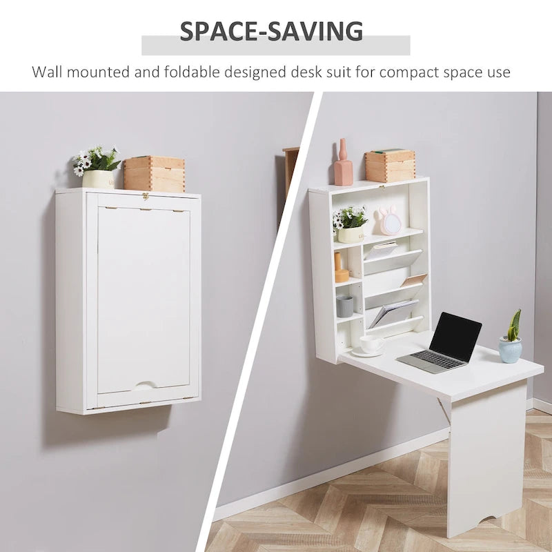 Bureau mural pliable moderne avec étagères réglables et grand espace de rangement pour petits espaces et bureaux à domicile