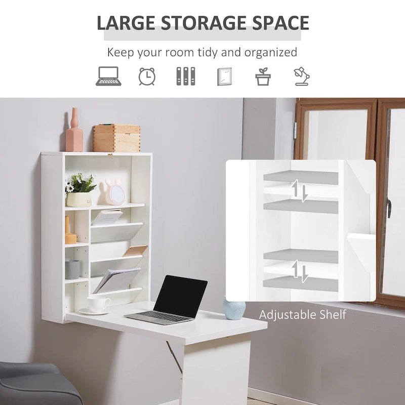 Bureau mural pliable moderne avec étagères réglables et grand espace de rangement pour petits espaces et bureaux à domicile