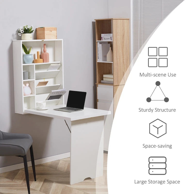 Bureau mural pliable moderne avec étagères réglables et grand espace de rangement pour petits espaces et bureaux à domicile