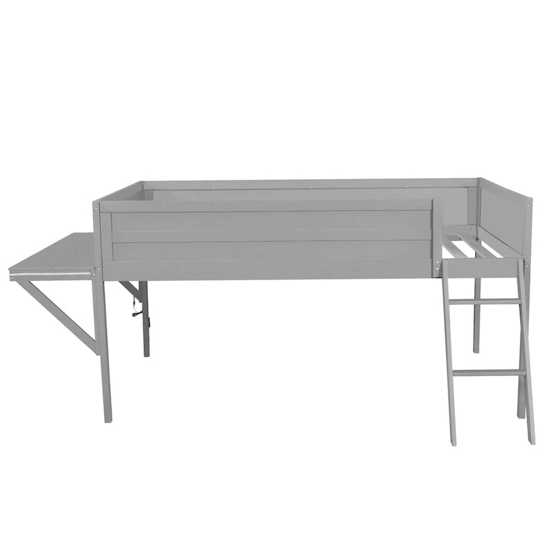Lit mezzanine en bois pour gamer, format simple, avec bureau et éclairage LED, gris