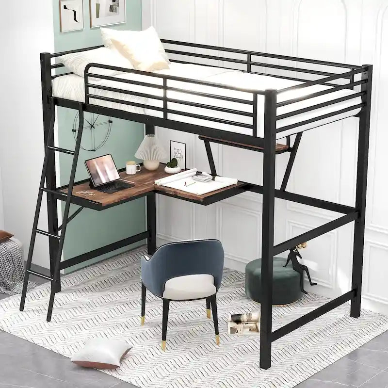 Lit mezzanine moderne avec bureau et étagère de rangement, cadre de lit mezzanine en métal robuste avec barrières de sécurité et échelle pour enfants et adolescents
