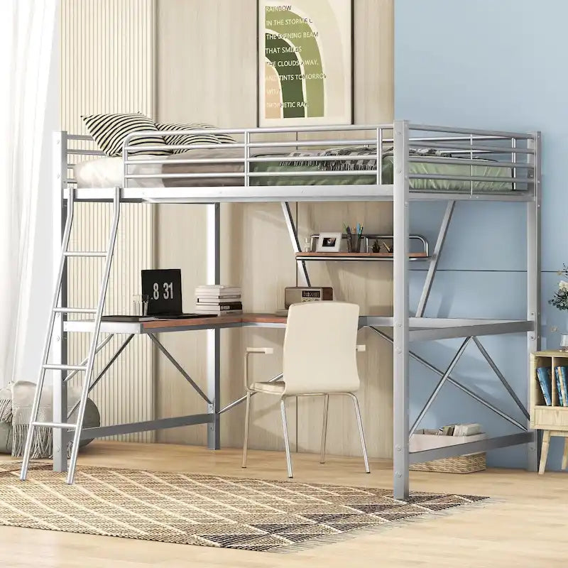 Lit mezzanine moderne avec bureau et étagère de rangement, cadre de lit mezzanine en métal robuste avec barrières de sécurité et échelle pour enfants et adolescents