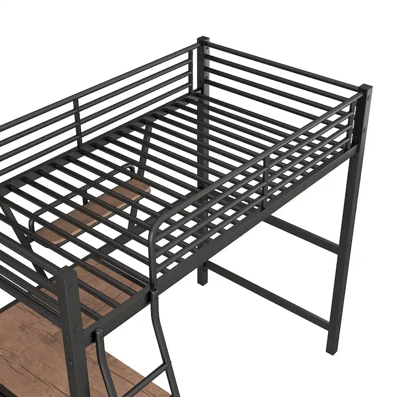 Lit mezzanine moderne avec bureau et étagère de rangement, cadre de lit mezzanine en métal robuste avec barrières de sécurité et échelle pour enfants et adolescents