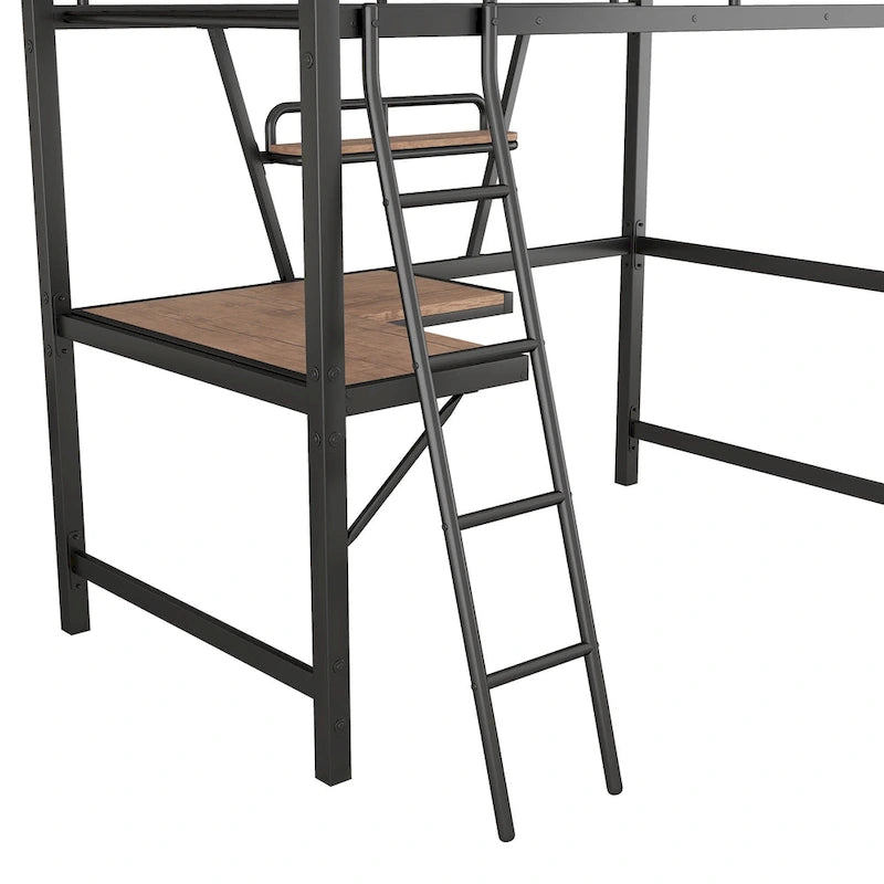 Lit mezzanine moderne avec bureau et étagère de rangement, cadre de lit mezzanine en métal robuste avec barrières de sécurité et échelle pour enfants et adolescents