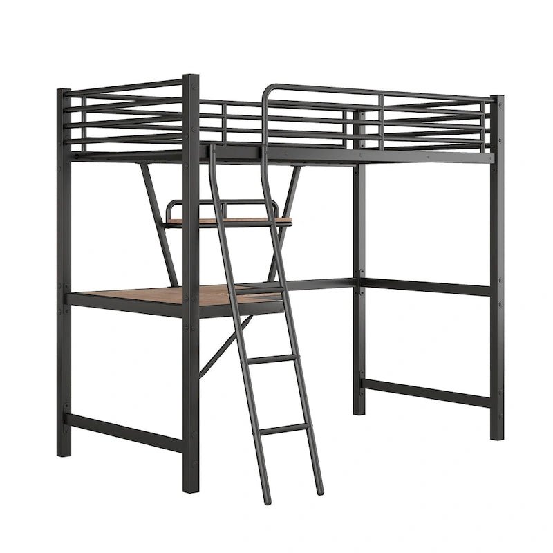 Lit mezzanine moderne avec bureau et étagère de rangement, cadre de lit mezzanine en métal robuste avec barrières de sécurité et échelle pour enfants et adolescents