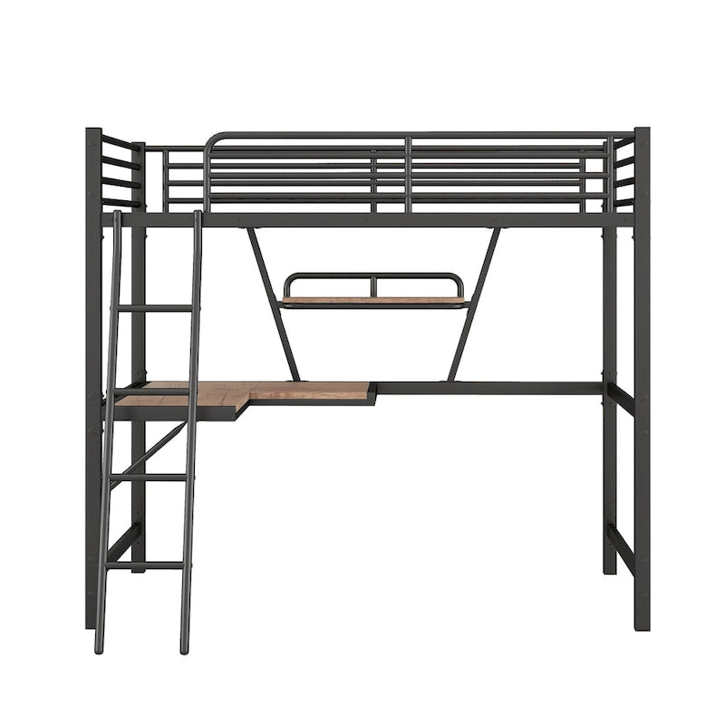 Lit mezzanine moderne avec bureau et étagère de rangement, cadre de lit mezzanine en métal robuste avec barrières de sécurité et échelle pour enfants et adolescents