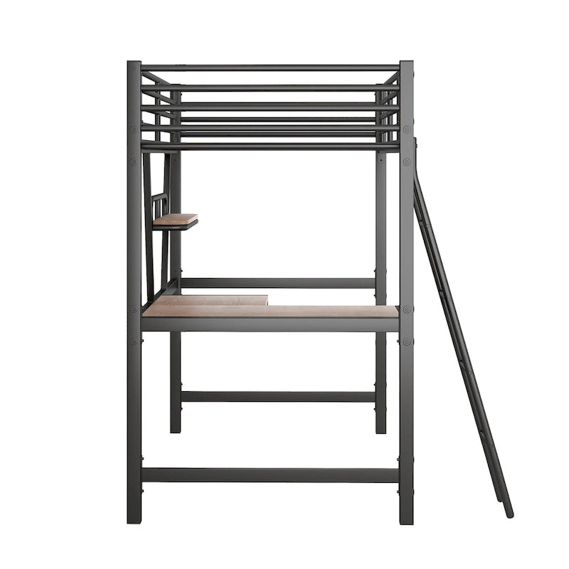 Lit mezzanine moderne avec bureau et étagère de rangement, cadre de lit mezzanine en métal robuste avec barrières de sécurité et échelle pour enfants et adolescents