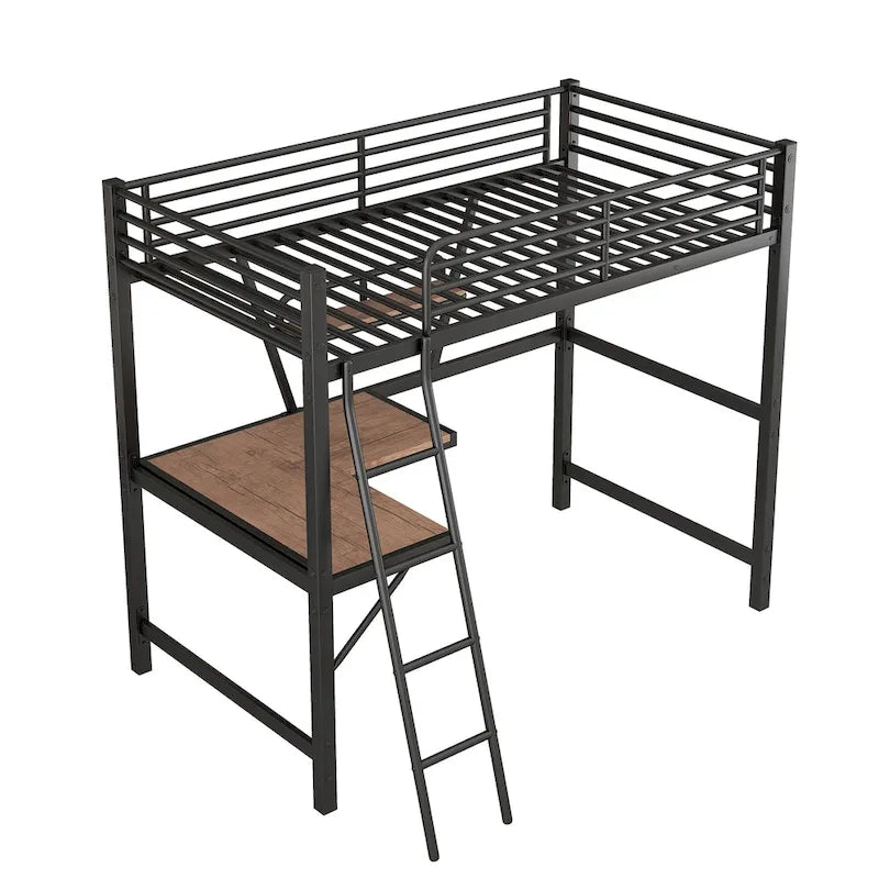 Lit mezzanine moderne avec bureau et étagère de rangement, cadre de lit mezzanine en métal robuste avec barrières de sécurité et échelle pour enfants et adolescents