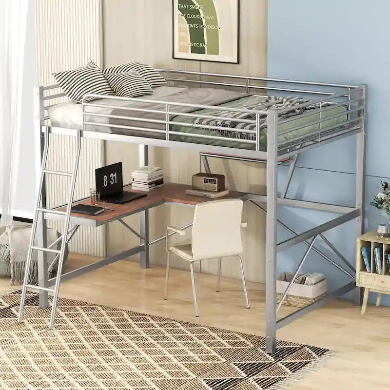 Lit mezzanine moderne avec bureau et étagère de rangement, cadre de lit mezzanine en métal robuste avec barrières de sécurité et échelle pour enfants et adolescents