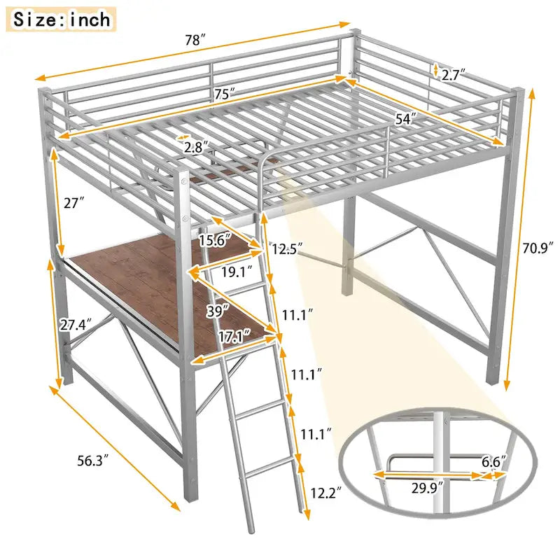 Lit mezzanine moderne avec bureau et étagère de rangement, cadre de lit mezzanine en métal robuste avec barrières de sécurité et échelle pour enfants et adolescents