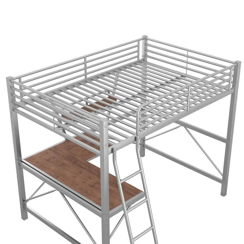 Lit mezzanine moderne avec bureau et étagère de rangement, cadre de lit mezzanine en métal robuste avec barrières de sécurité et échelle pour enfants et adolescents