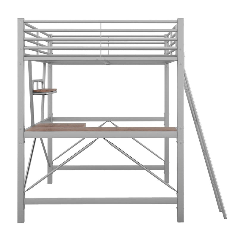 Lit mezzanine moderne avec bureau et étagère de rangement, cadre de lit mezzanine en métal robuste avec barrières de sécurité et échelle pour enfants et adolescents