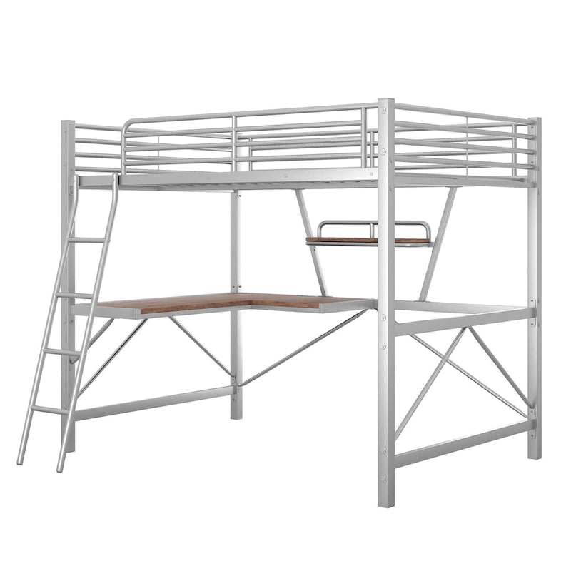Lit mezzanine moderne avec bureau et étagère de rangement, cadre de lit mezzanine en métal robuste avec barrières de sécurité et échelle pour enfants et adolescents