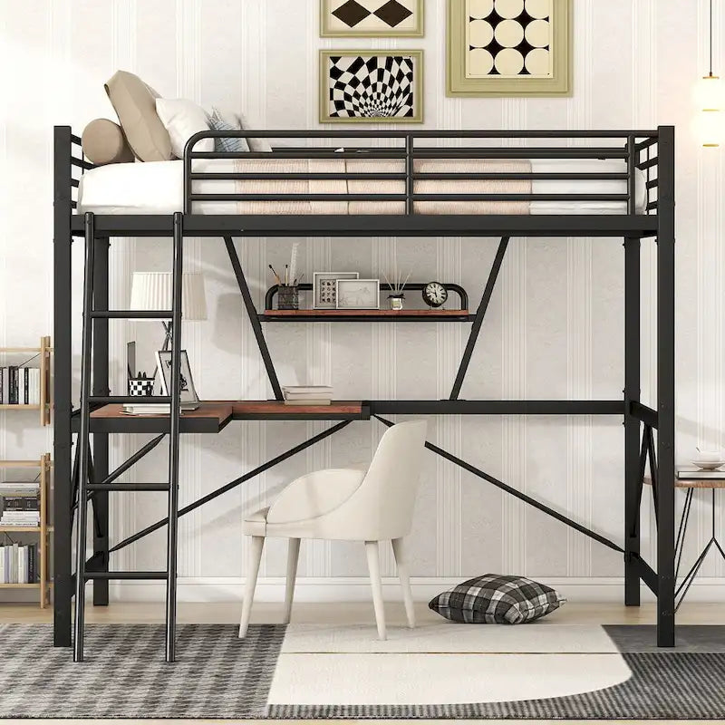 Lit mezzanine moderne avec bureau et étagère de rangement, cadre de lit mezzanine en métal robuste avec barrières de sécurité et échelle pour enfants et adolescents