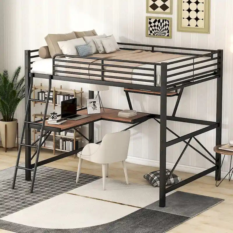 Lit mezzanine moderne avec bureau et étagère de rangement, cadre de lit mezzanine en métal robuste avec barrières de sécurité et échelle pour enfants et adolescents
