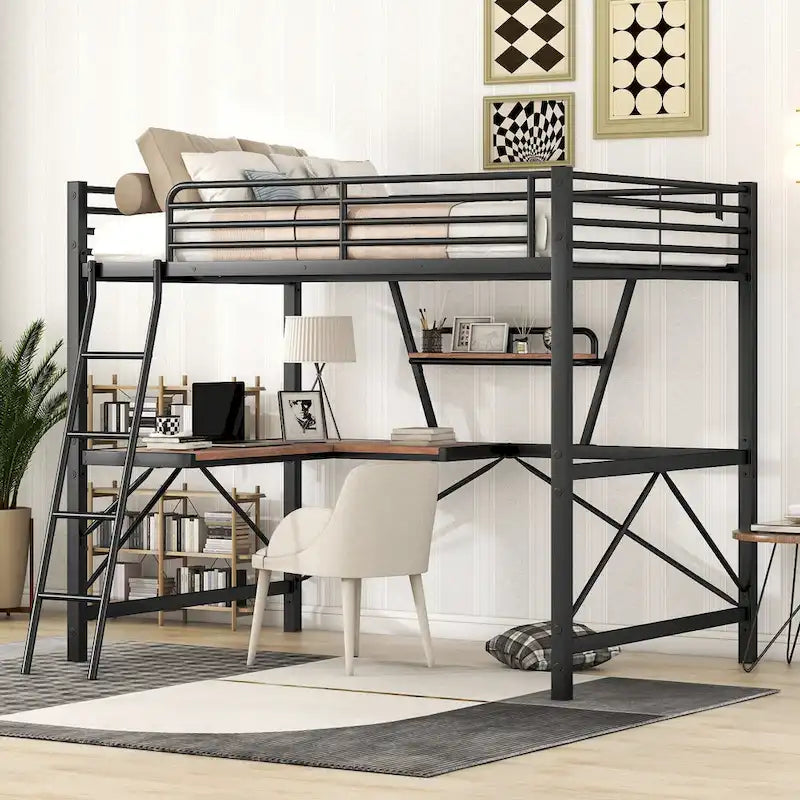 Lit mezzanine moderne avec bureau et étagère de rangement, cadre de lit mezzanine en métal robuste avec barrières de sécurité et échelle pour enfants et adolescents