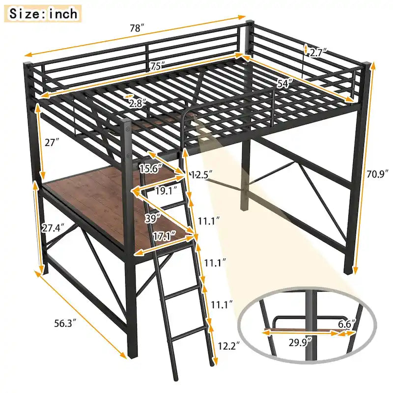 Lit mezzanine moderne avec bureau et étagère de rangement, cadre de lit mezzanine en métal robuste avec barrières de sécurité et échelle pour enfants et adolescents