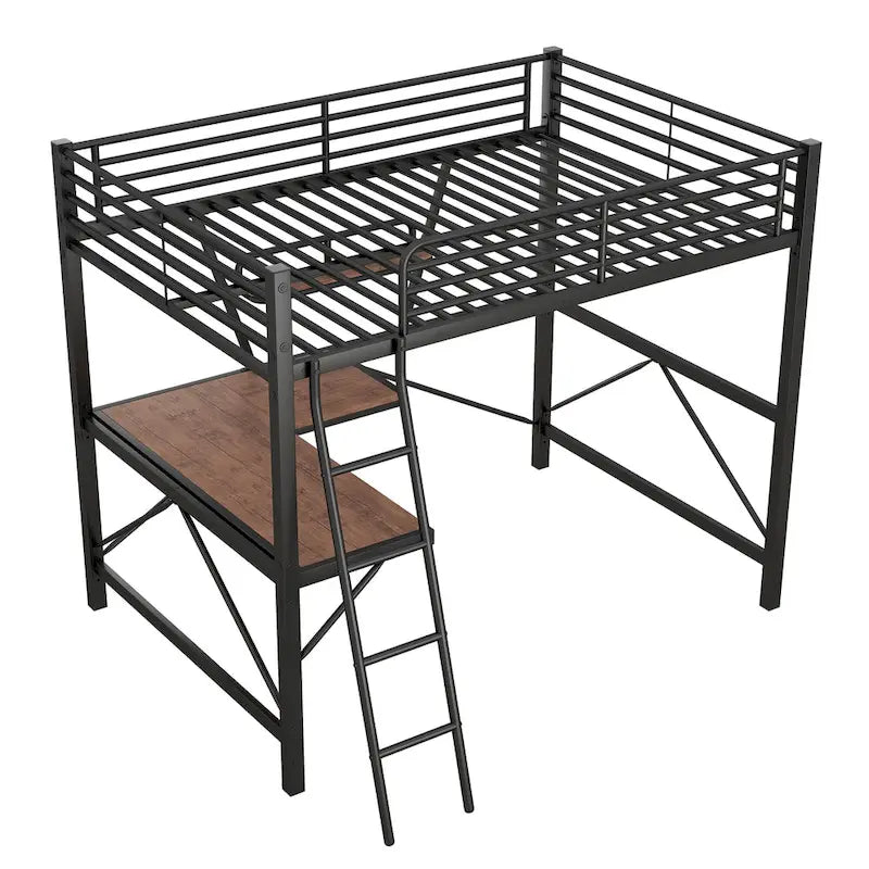Lit mezzanine moderne avec bureau et étagère de rangement, cadre de lit mezzanine en métal robuste avec barrières de sécurité et échelle pour enfants et adolescents