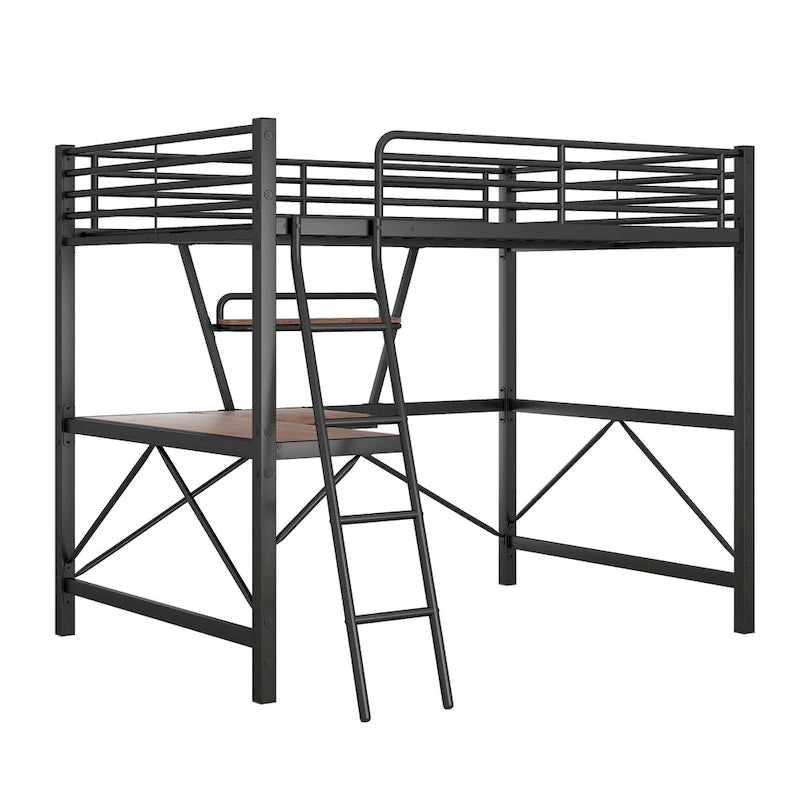 Lit mezzanine moderne avec bureau et étagère de rangement, cadre de lit mezzanine en métal robuste avec barrières de sécurité et échelle pour enfants et adolescents