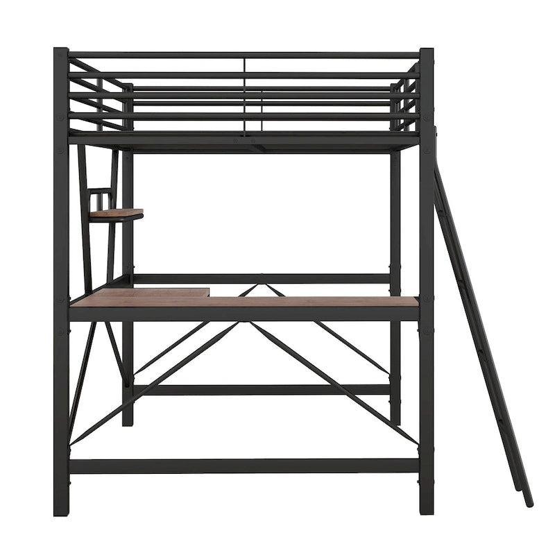 Lit mezzanine moderne avec bureau et étagère de rangement, cadre de lit mezzanine en métal robuste avec barrières de sécurité et échelle pour enfants et adolescents