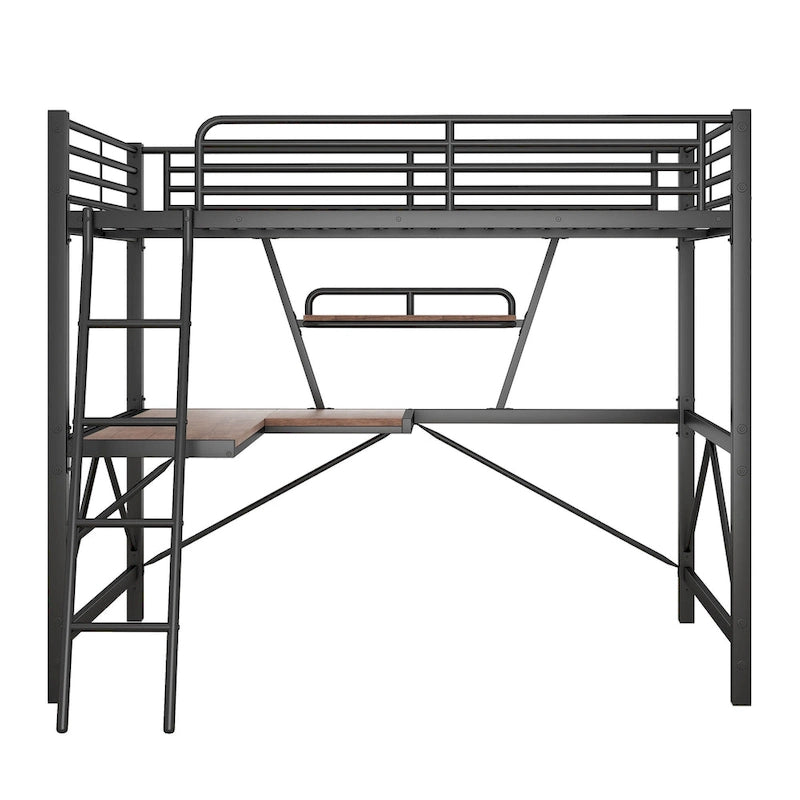 Lit mezzanine moderne avec bureau et étagère de rangement, cadre de lit mezzanine en métal robuste avec barrières de sécurité et échelle pour enfants et adolescents