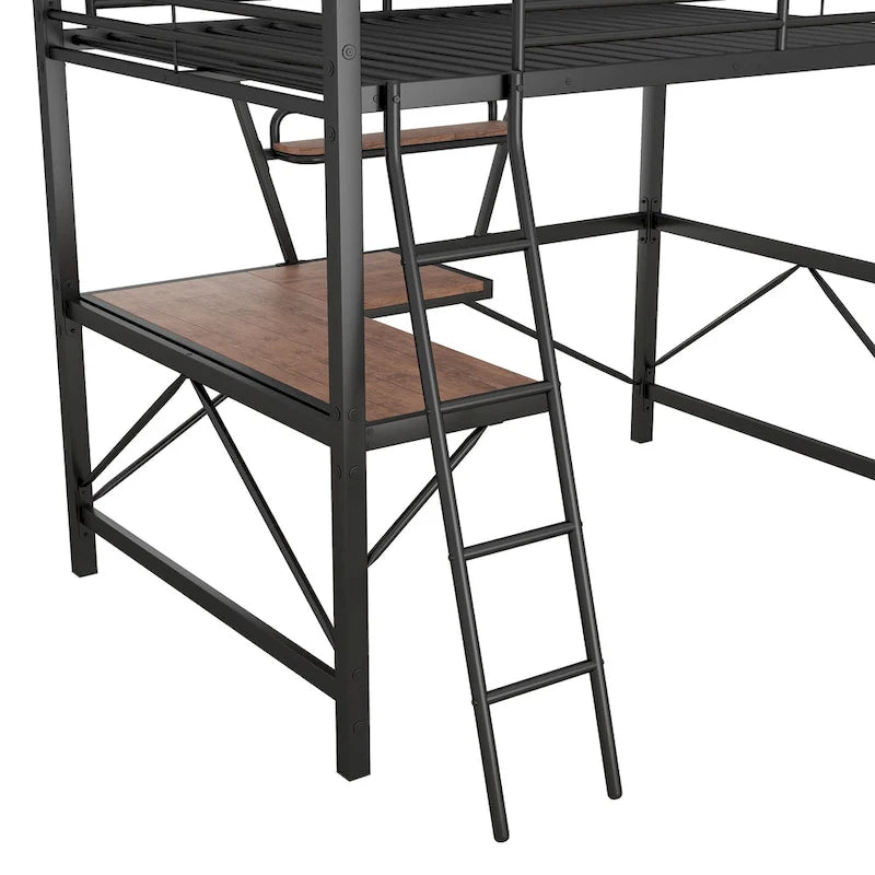 Lit mezzanine moderne avec bureau et étagère de rangement, cadre de lit mezzanine en métal robuste avec barrières de sécurité et échelle pour enfants et adolescents