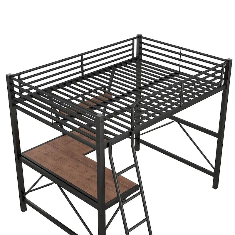 Lit mezzanine moderne avec bureau et étagère de rangement, cadre de lit mezzanine en métal robuste avec barrières de sécurité et échelle pour enfants et adolescents