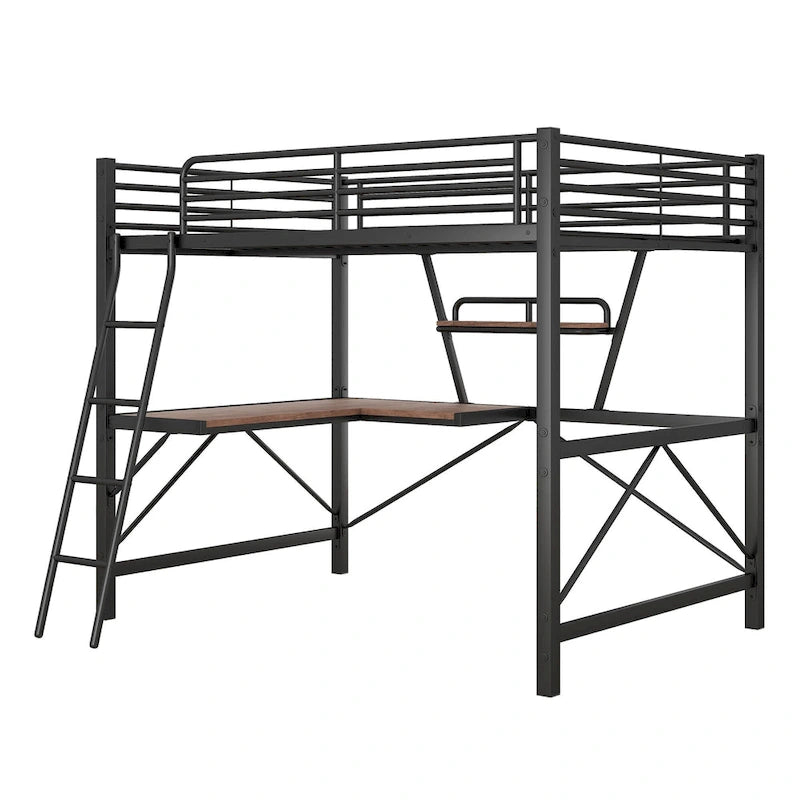 Lit mezzanine moderne avec bureau et étagère de rangement, cadre de lit mezzanine en métal robuste avec barrières de sécurité et échelle pour enfants et adolescents