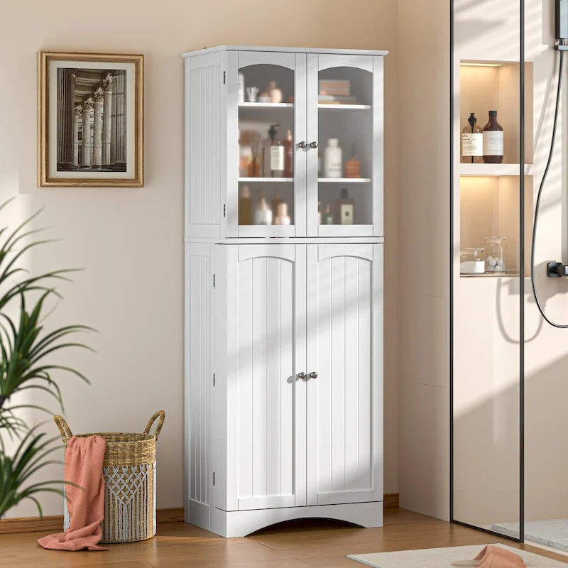 Armoire de cuisine garde-manger 64 po, meuble de rangement haut avec portes vitrées et étagères réglables